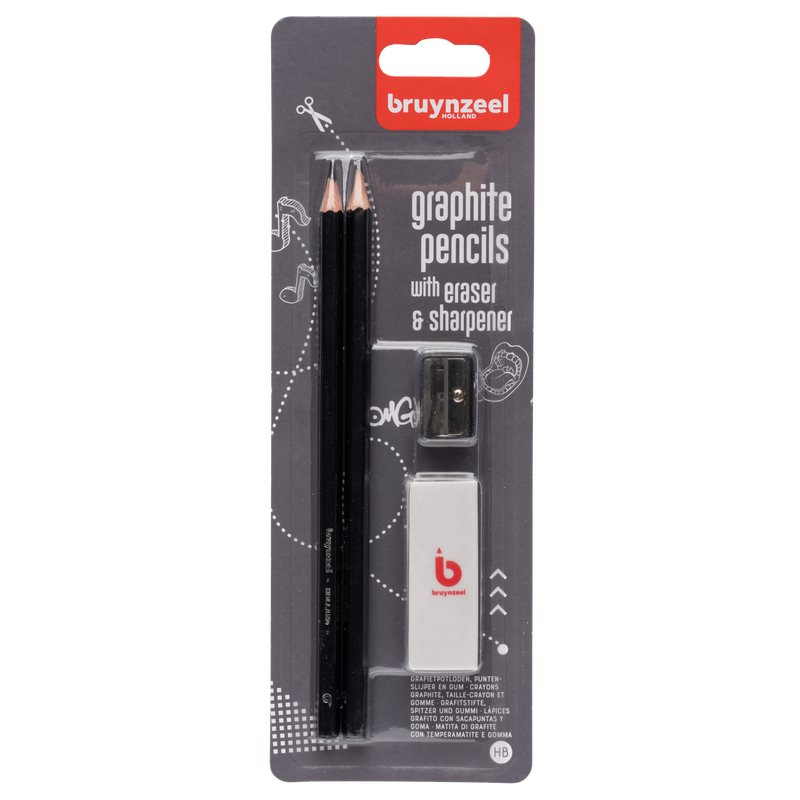 Set of 2 Bruynzell graphite pencils with sharpener and eraser