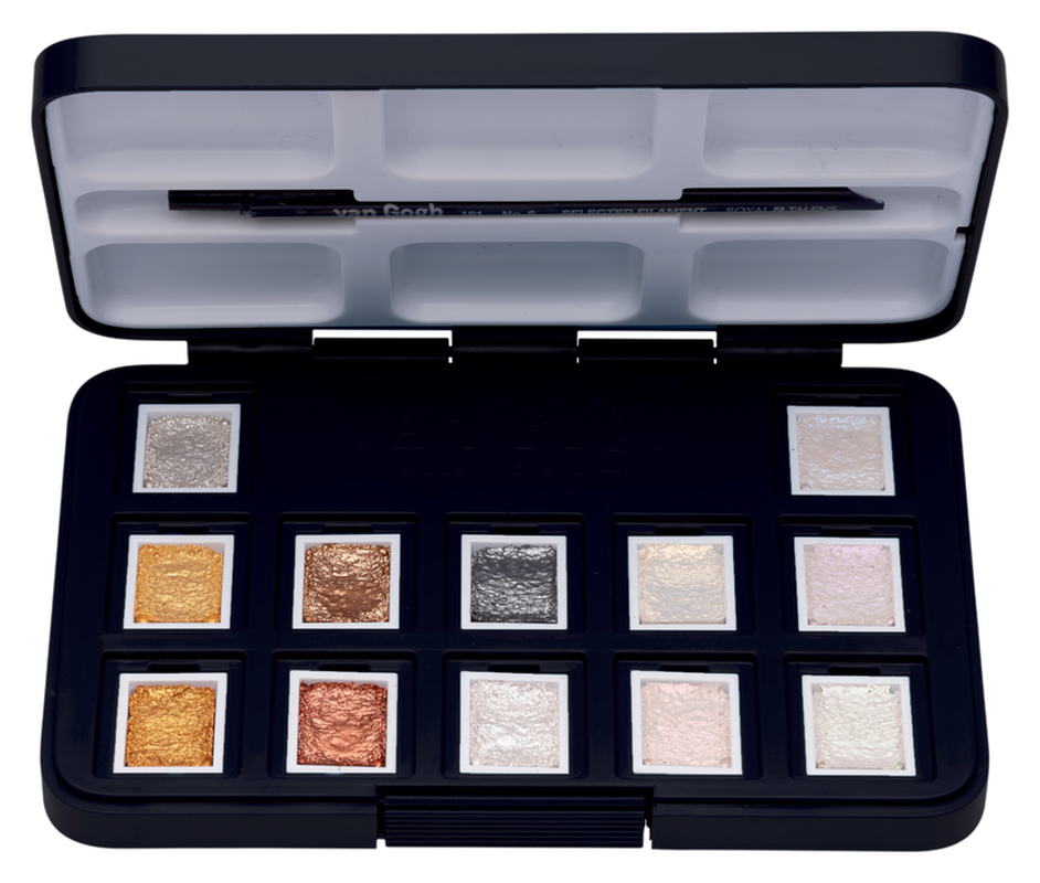 Van Gogh Caja de Acuarelas Pocket Box Metallic & Inteference colours 12 + 1/2 Godet + Pincel