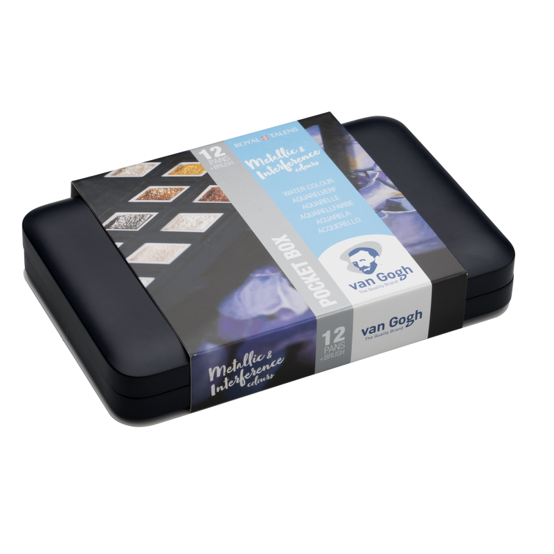 Van Gogh Aquarellkasten Pocket Box Metallic & Inteferenzfarben 12 + 1/2 Godet + Pinsel