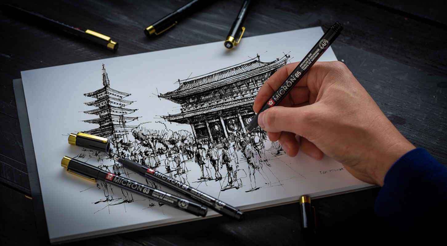 Sakura Talens Set de 12 rotuladores Micron Black &amp; Gold Edition  10 fineliners 1 brushpen 1 every day pen