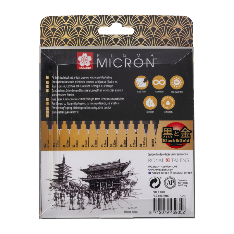 Sakura Talens Set de 12 rotuladores Micron Black &amp; Gold Edition  10 fineliners 1 brushpen 1 every day pen