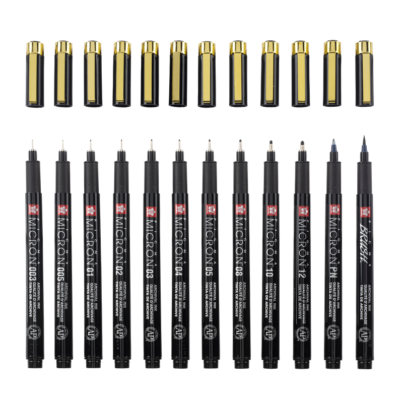 Sakura Talens Set de 12 rotuladores Micron Black &amp; Gold Edition  10 fineliners 1 brushpen 1 every day pen
