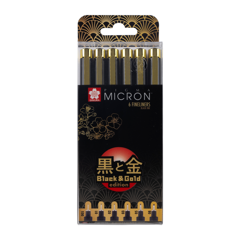 Sakura Talens Set of 6 markers Micron Black & Gold Edition nº 005 / 01 / 02 / 03 / 05 / 08