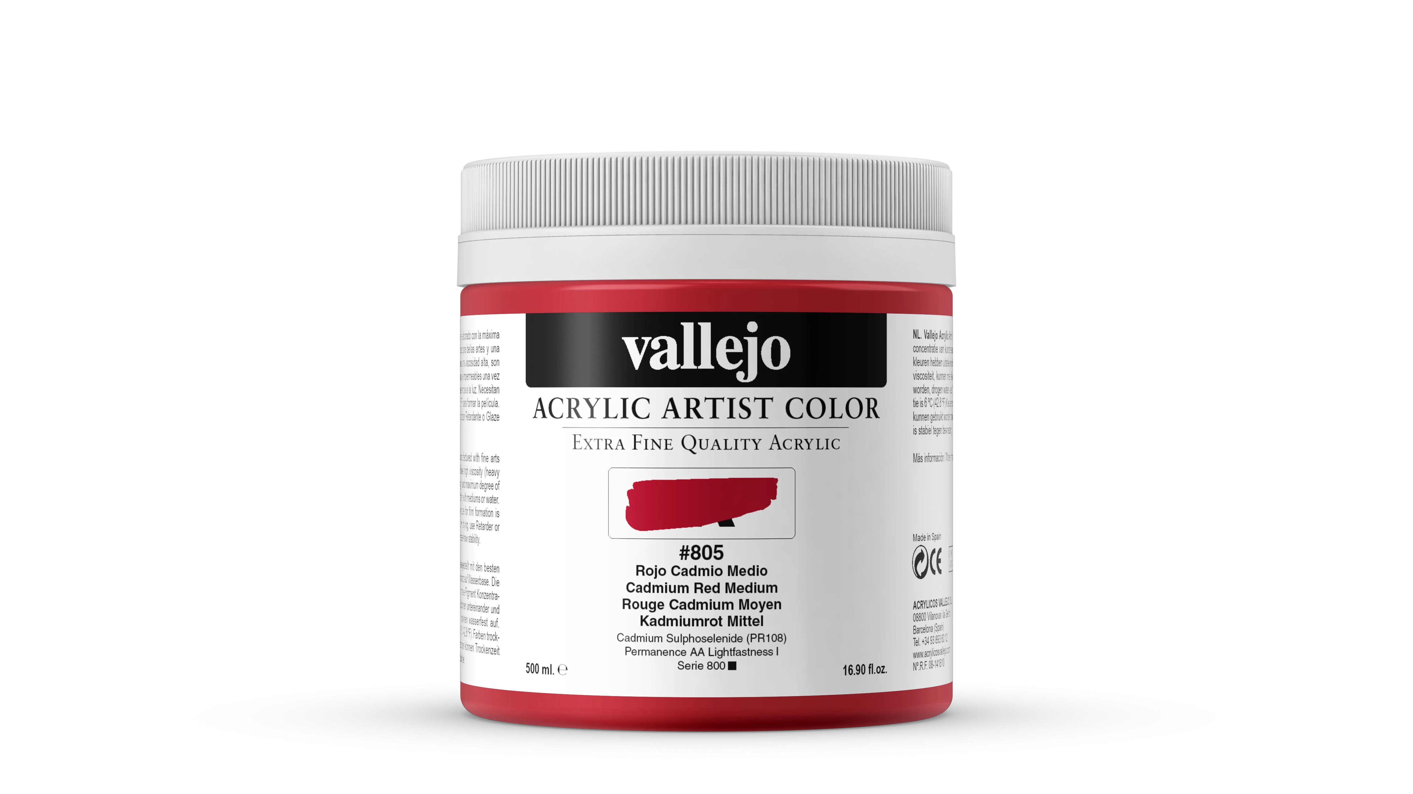 Acrílico Artist Vallejo 805 Cadmio Rojo Medio 500 ml.