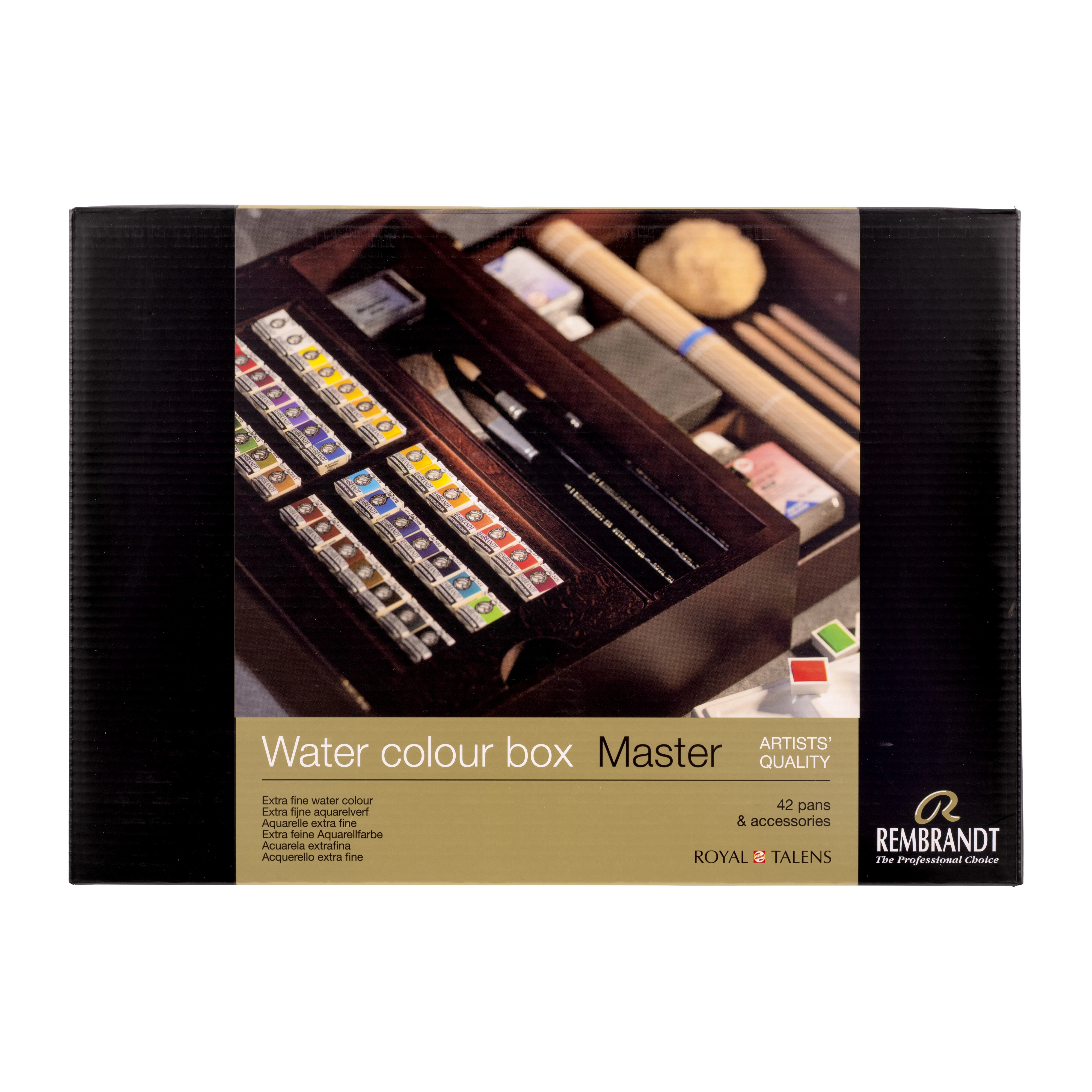 Rembrandt Acuarelas profesionales, set Master en caja de madera, 42 medias pastillas + 14 accesorios, selección general de colores