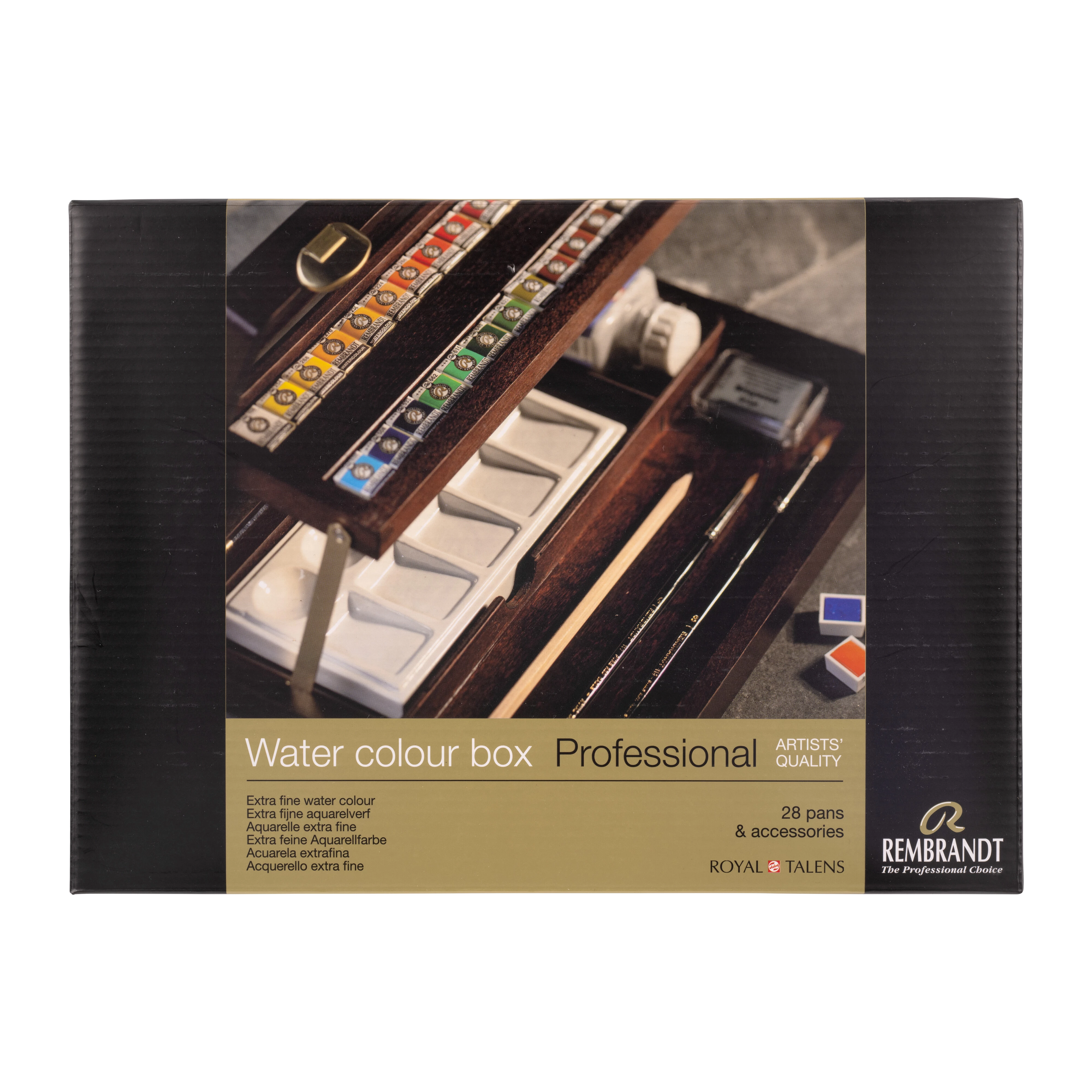 Rembrandt Acuarelas profesionales, set profesional en caja de madera, 28 medias pastillas + 7 accesorios, selección general de colores