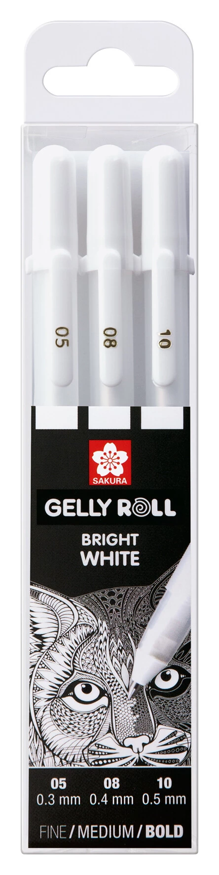 Sakura Estuche básico de 3 bolígrafos de gel blanco brillante fino/medio/grueso 