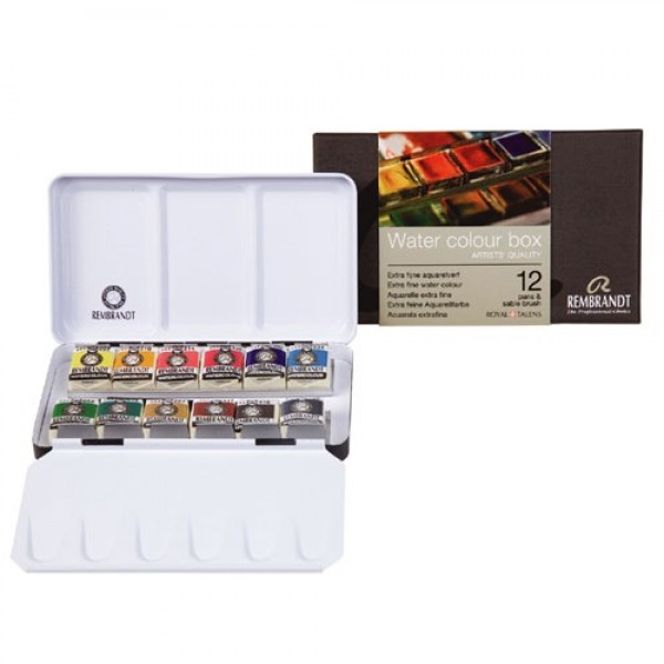 Rembrandt Metallkasten mit 12 Aquarelltabletten + Pinsel Serie 110 nº6 Rot Zobel