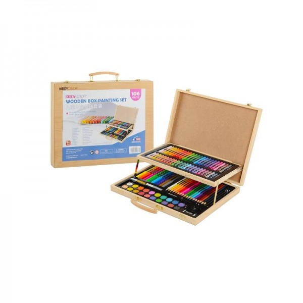 WOODEN BOX WITH 106 PIECES ASSORTMENT JUNIOR ART STUDIO