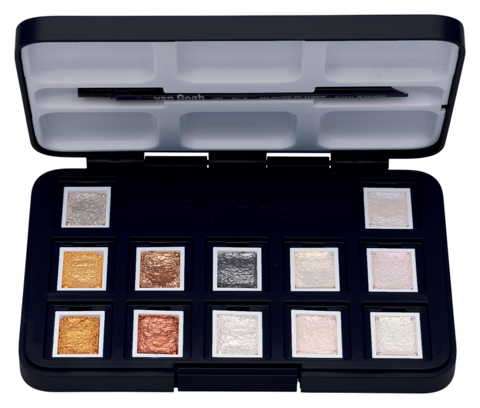 Van Gogh Aquarellkasten Pocket Box Metallic & Inteferenzfarben 12 + 1/2 Godet + Pinsel