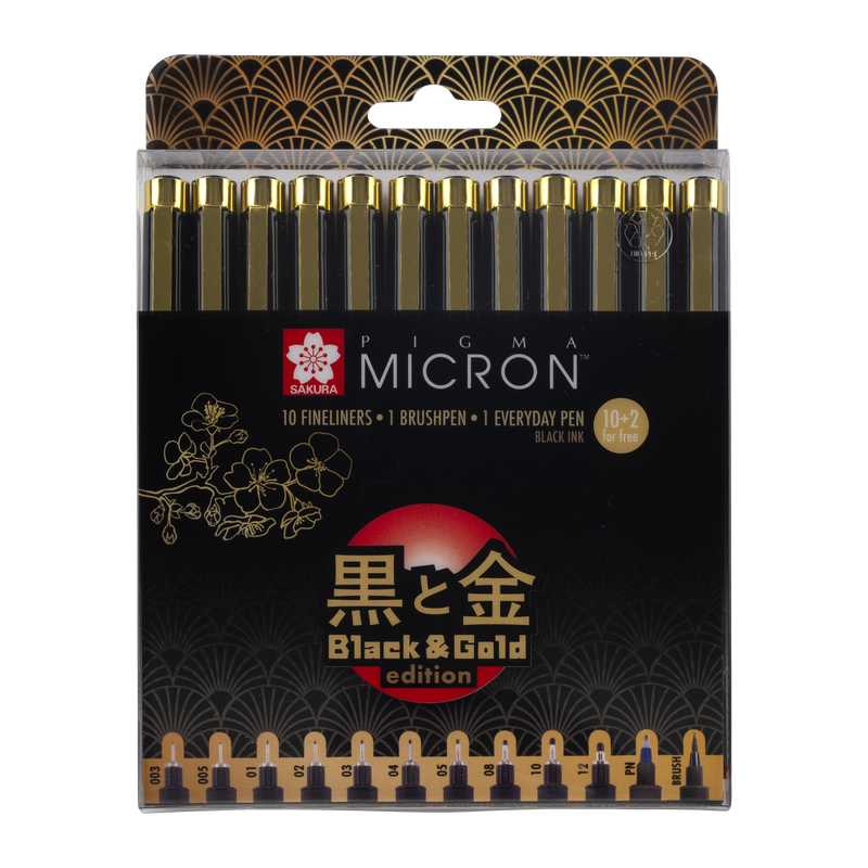 Sakura Talens Set mit 12 Markern Micron Black & Gold Edition 10 Fineliner 1 Pinsel 1 Stift für jeden Tag