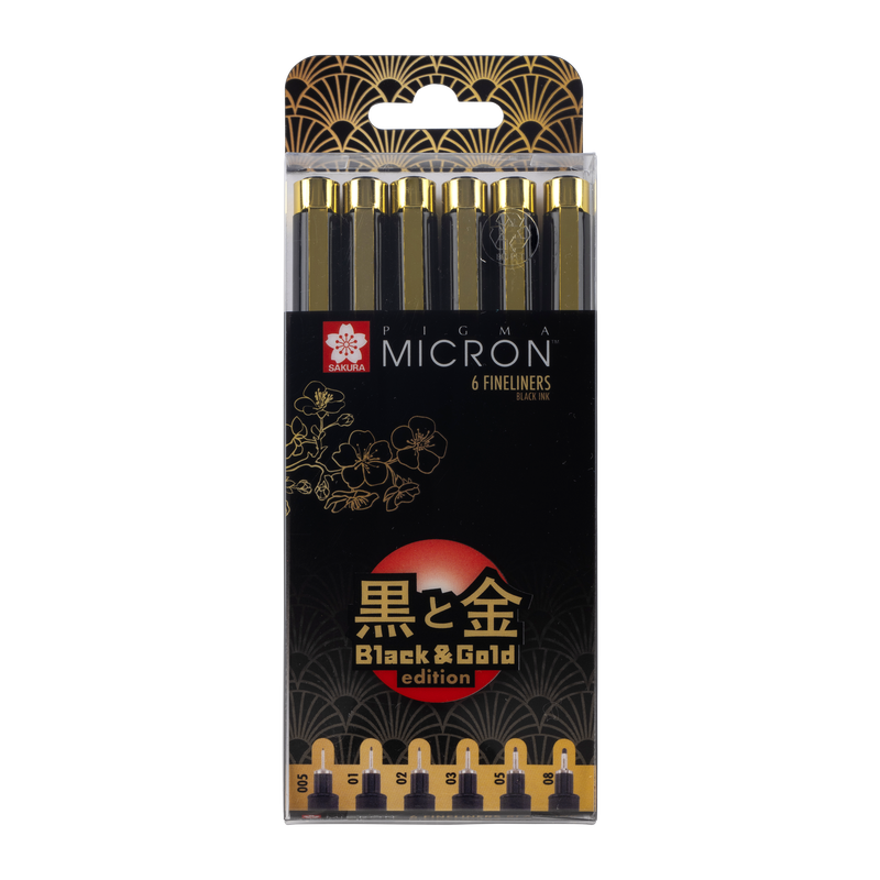 Sakura Talens Set von 6 Markern Micron Black & Gold Edition Nr. 005 / 01 / 02 / 03 / 05 / 08