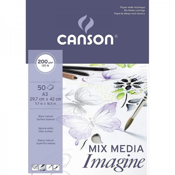 Canson Imagine Mixed Media Pad 200gr A3 50 Blatt Naturweiß Seidige Oberfläche