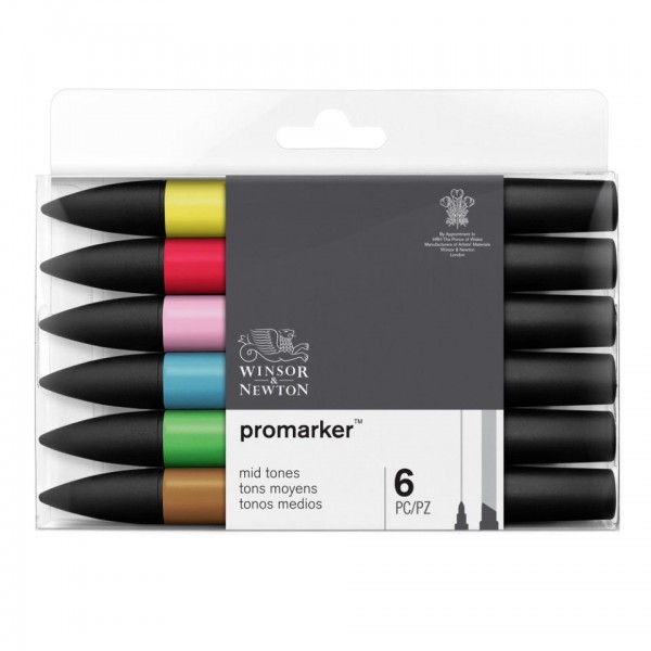 Winsor & Newton Marker Box Promarker Pinsel Mittlere Farbtöne 6 Marker